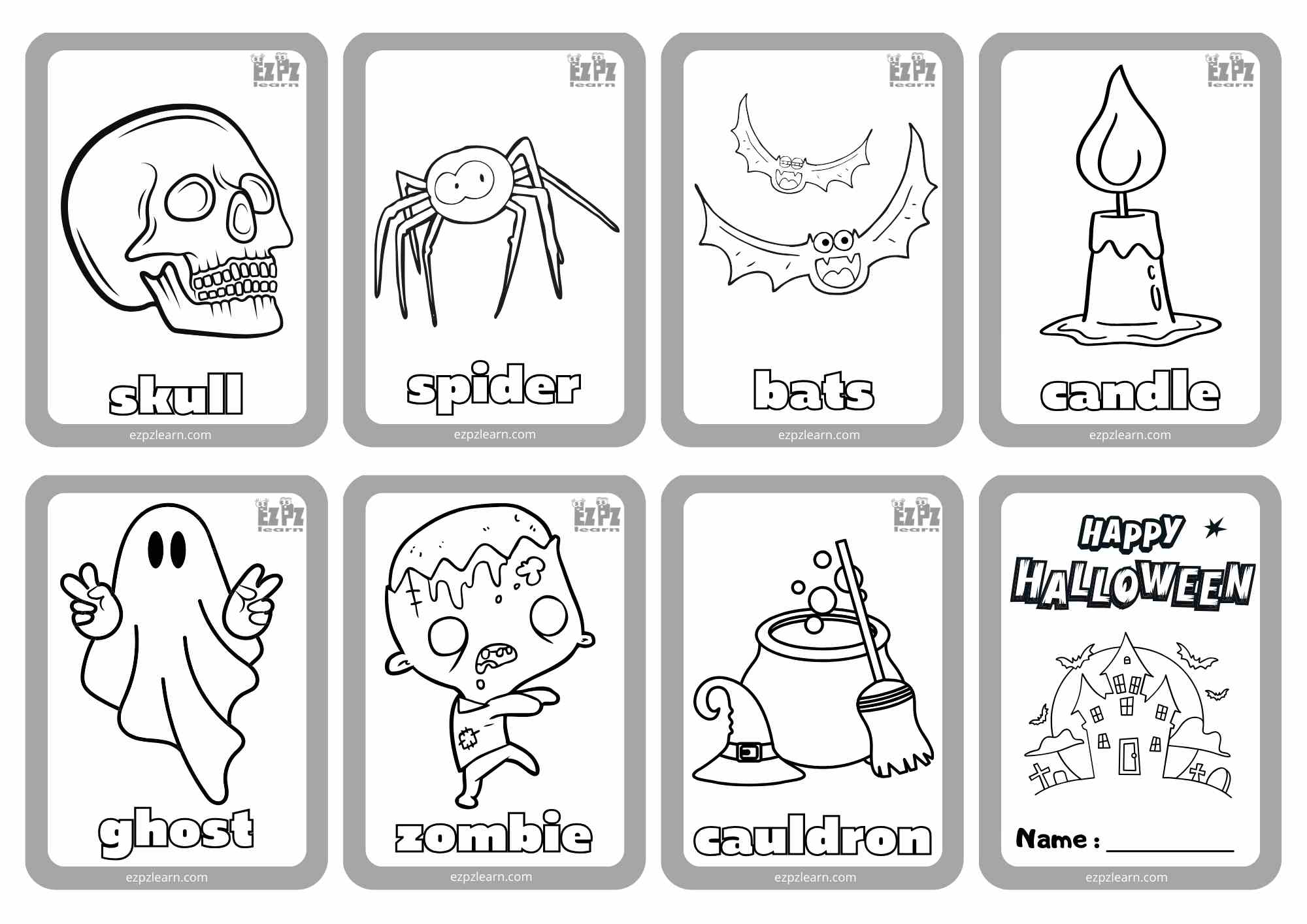 Halloween Mini Cards for Coloring Set 2 Free PDF Printable Download for ESL and K5 Students